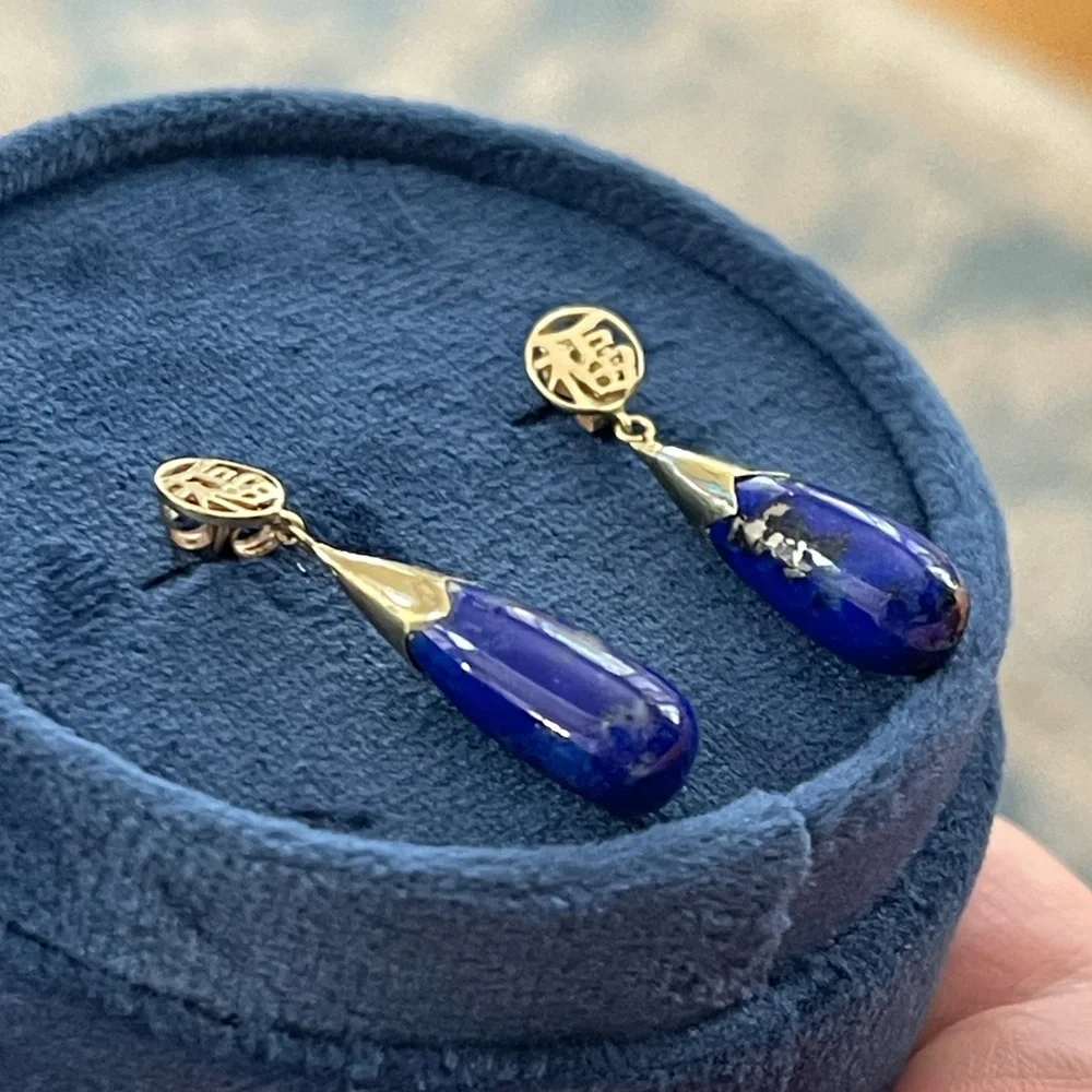Natural lapis lazuli solid 14K gold drop earrings - Picture 6 of 6